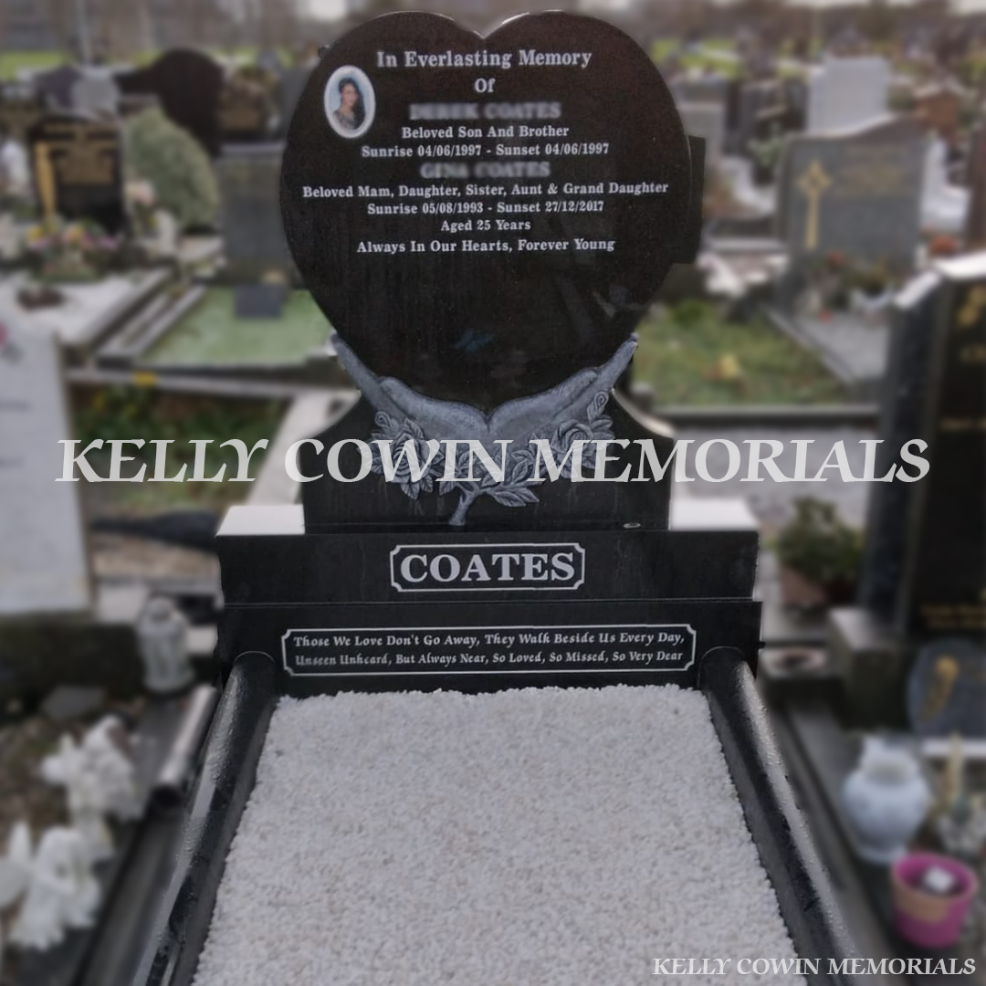 Black granite hands in heart headstone installed at Mulhuddart Cemetery Dublin