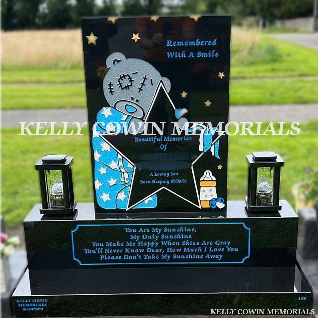 Front view of custom Black Granite teddy bear headstone on base and plinth in Balgriffin Cemetery Dublin