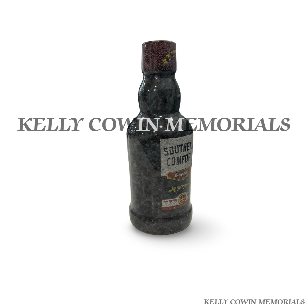 Side view of polished Blue Lagoon granite bottle ornament with laser engraving