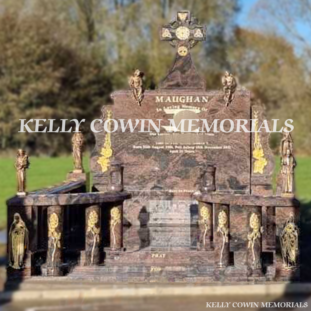 Front view of custom Pandora granite scroll headstone with Celtic Cross and gold inscription in Glasnevin Cemetery Dublin