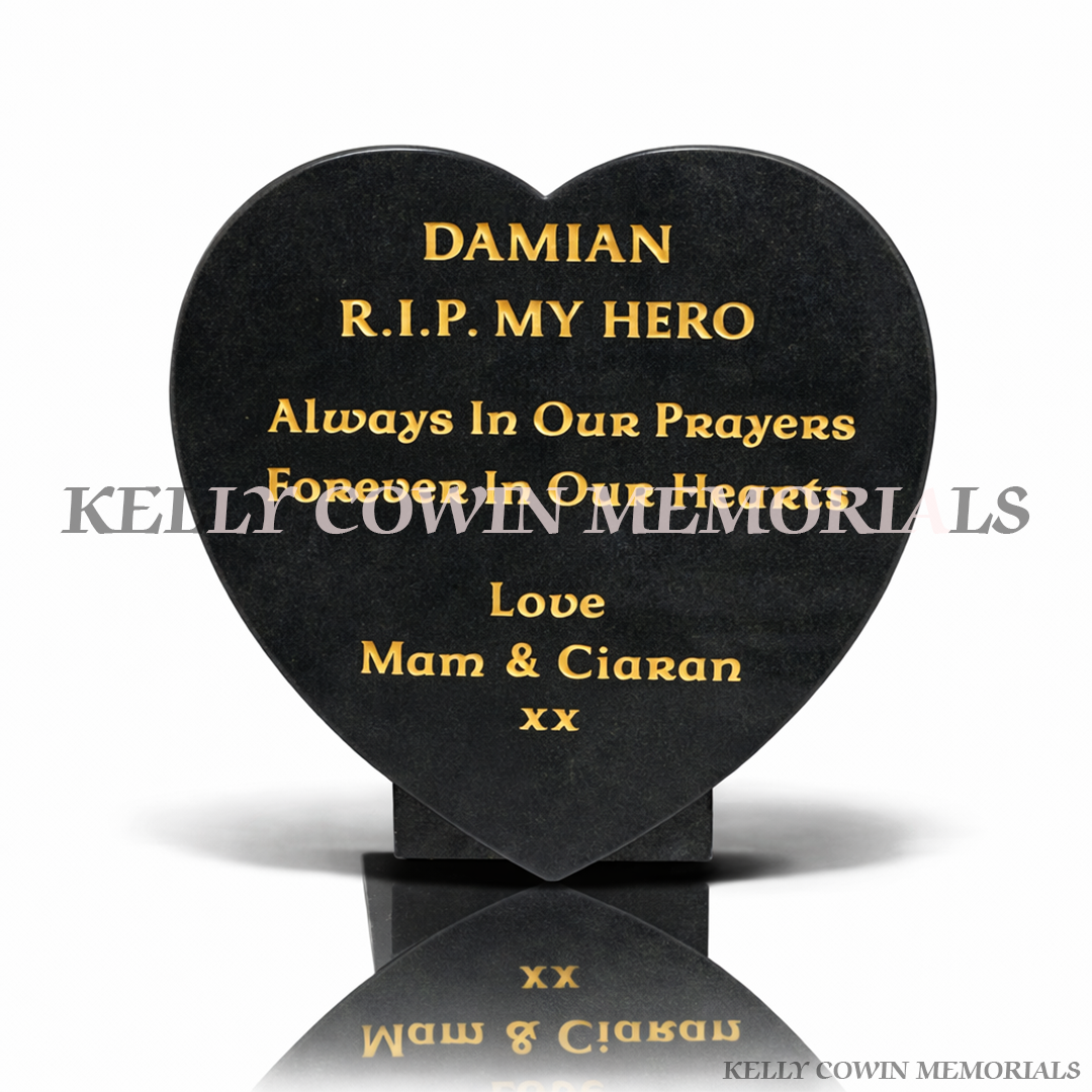 12 inch black granite heart shaped memorial plaque with gold lettering by Kelly Cowin Memorials Ireland