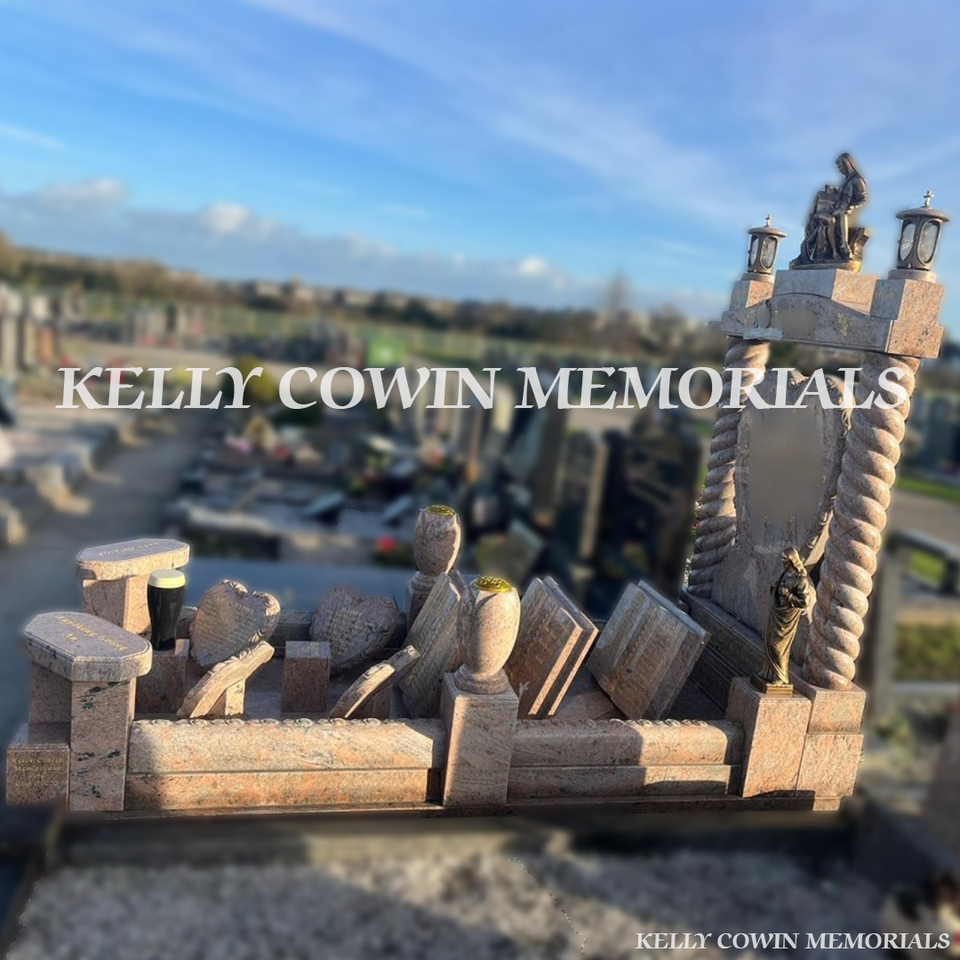 Side view showing rose carved kerbing, corner posts, benches and full granite flooring in Fingal Cemetery Dublin