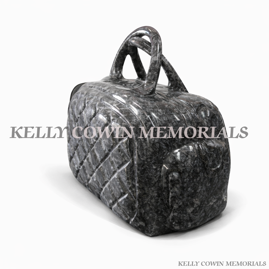Blue Lagoon granite handbag memorial grave accessory with polished finish by Kelly Cowin Memorials Ireland
