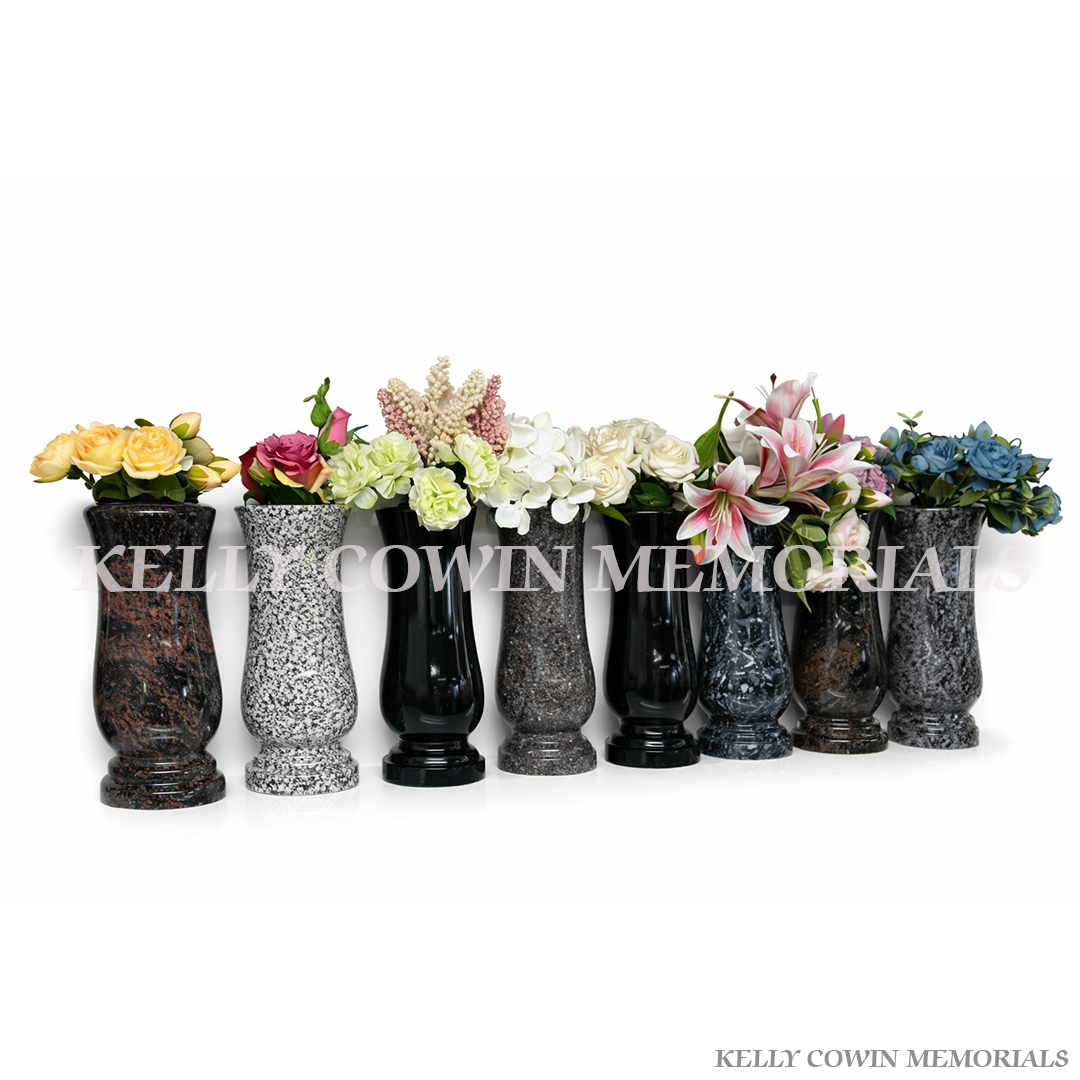 Small polished granite memorial vase for grave flowers, suitable for headstones, Kelly Cowin Memorials Ireland