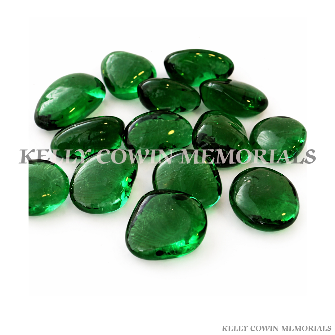 Bottle green glass memorial pebbles for graves and cremation plots in Ireland
