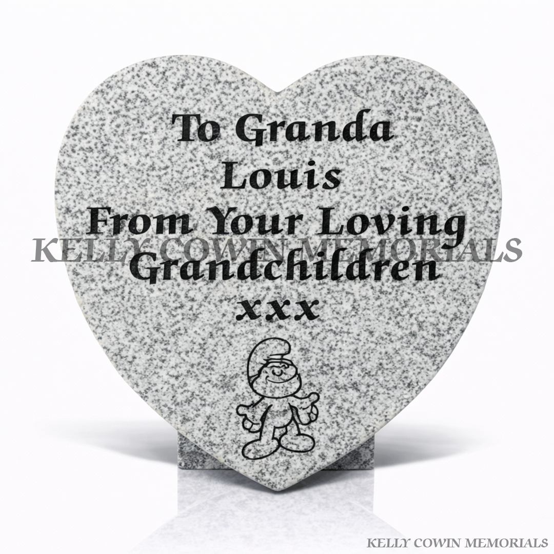 Grey granite 12 inch heart shaped memorial plaque with engraved inscription, handcrafted by Kelly Cowin Memorials in Ireland