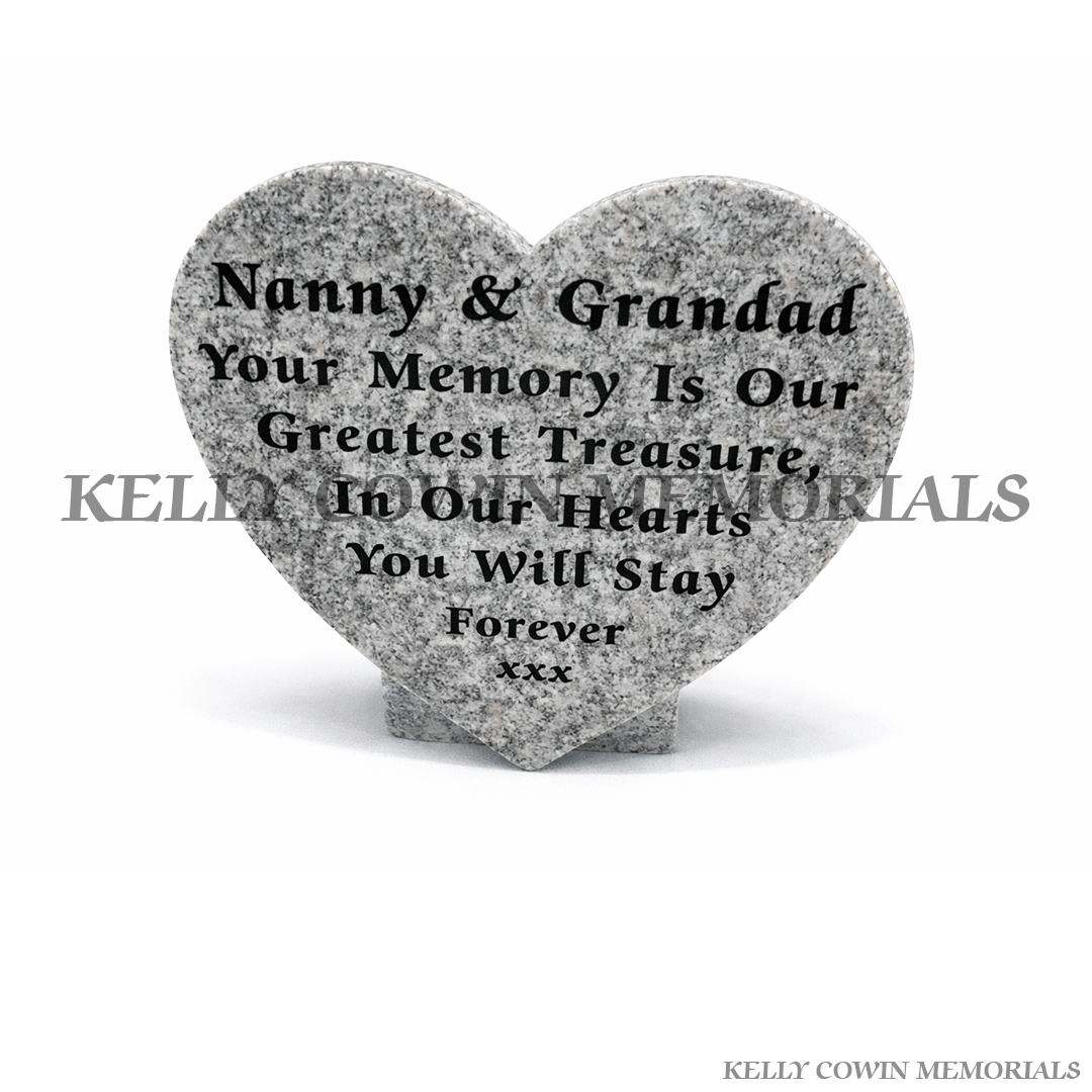 Grey granite 12 inch heart shaped memorial plaque with personalised engraving, handcrafted in Ireland for local and nationwide memorials