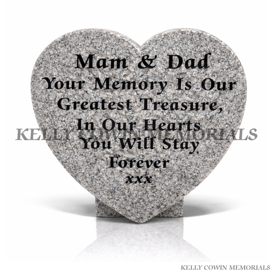 12 inch grey granite heart shaped memorial plaque with engraved inscription by Kelly Cowin Memorials Ireland