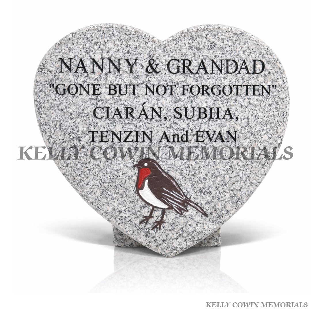 Grey granite 12 inch heart shaped memorial plaque with engraved inscription, handcrafted by Kelly Cowin Memorials, available locally and nationwide