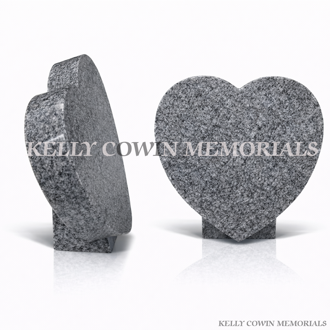 Grey granite 14 inch heart shaped memorial plaque, handcrafted and personalised. Serving local areas and nationwide across Ireland. Order online today.