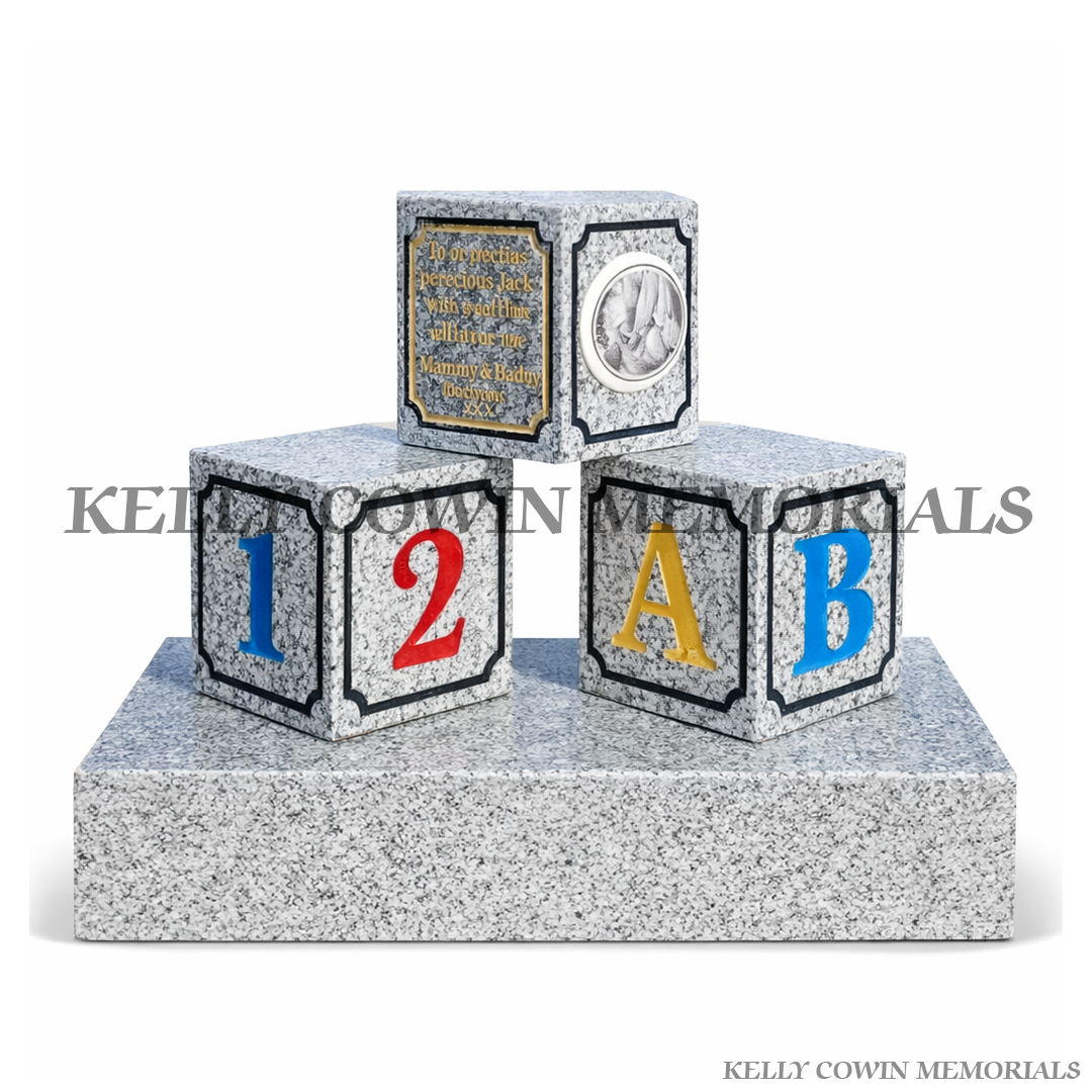 Grey granite baby blocks grave accessory with personalised engraving and optional ceramic photo panel, made in Ireland by Kelly Cowin Memorials