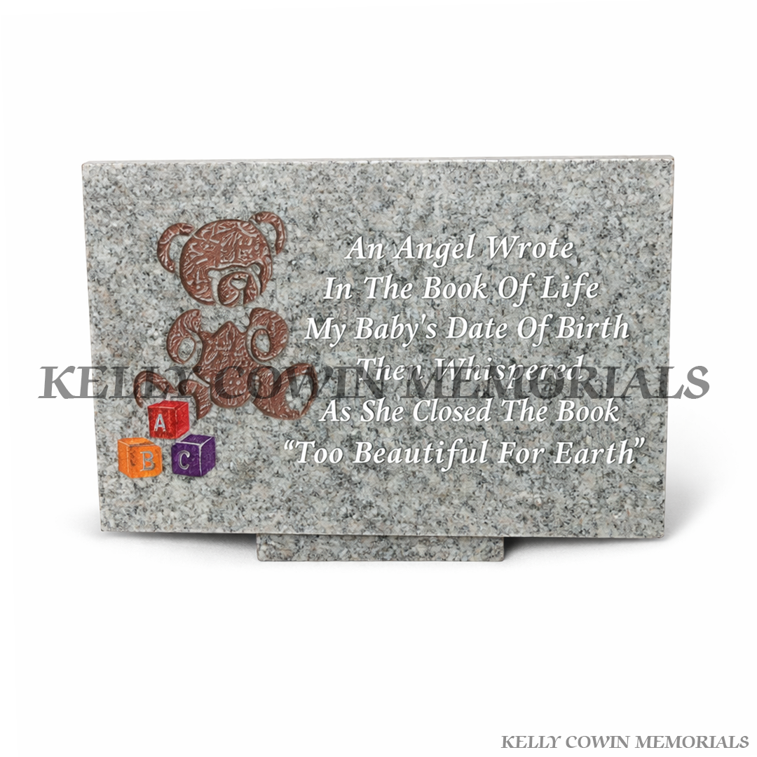 12 inch grey granite memorial plaque with personalised engraved inscription by Kelly Cowin Memorials Ireland