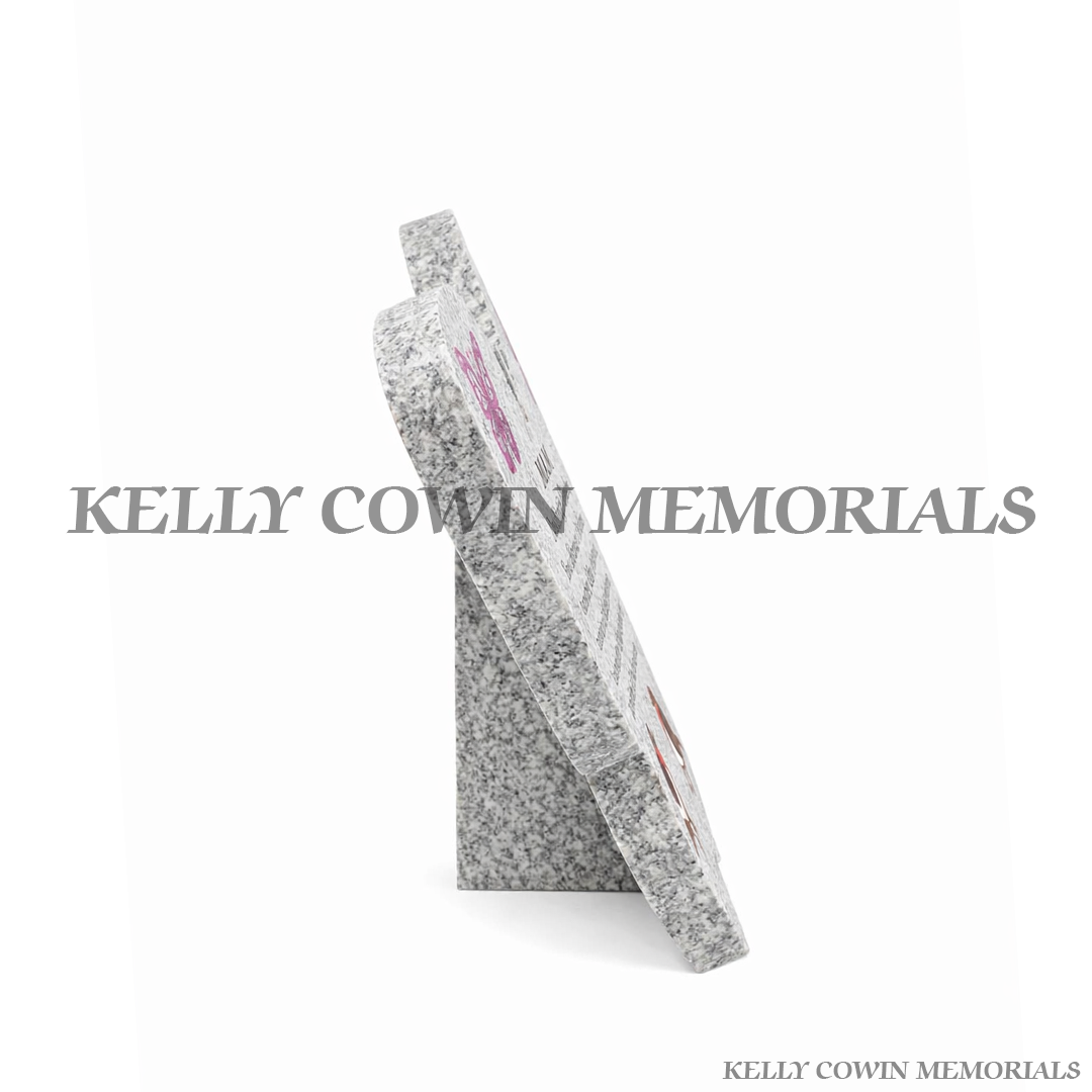 Grey granite butterfly side view shaped memorial plaque with personalised engraved inscription by Kelly Cowin Memorials Dublin Ireland