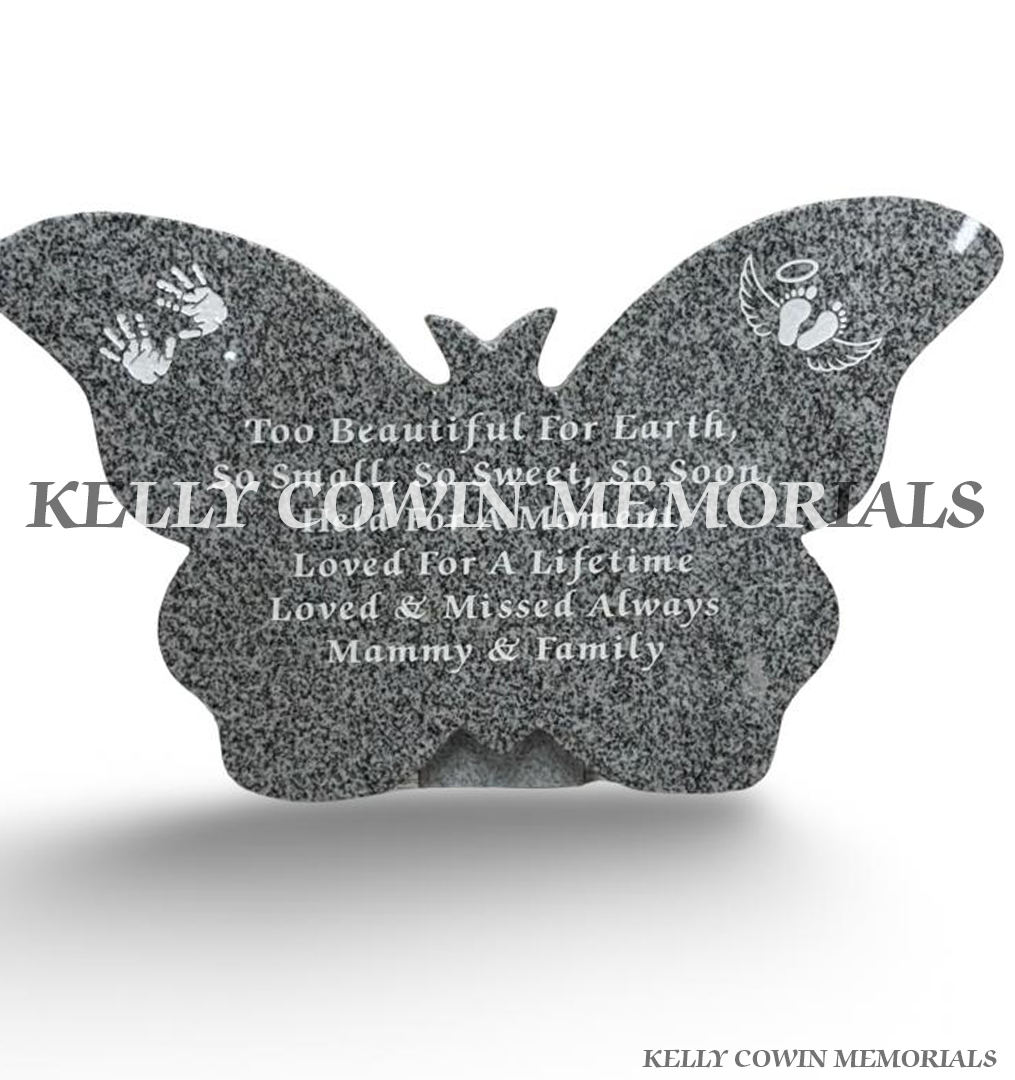 Grey granite butterfly memorial plaque with personalised white engraved wording, baby handprints and angel footprints by Kelly Cowin Memorials Ireland.