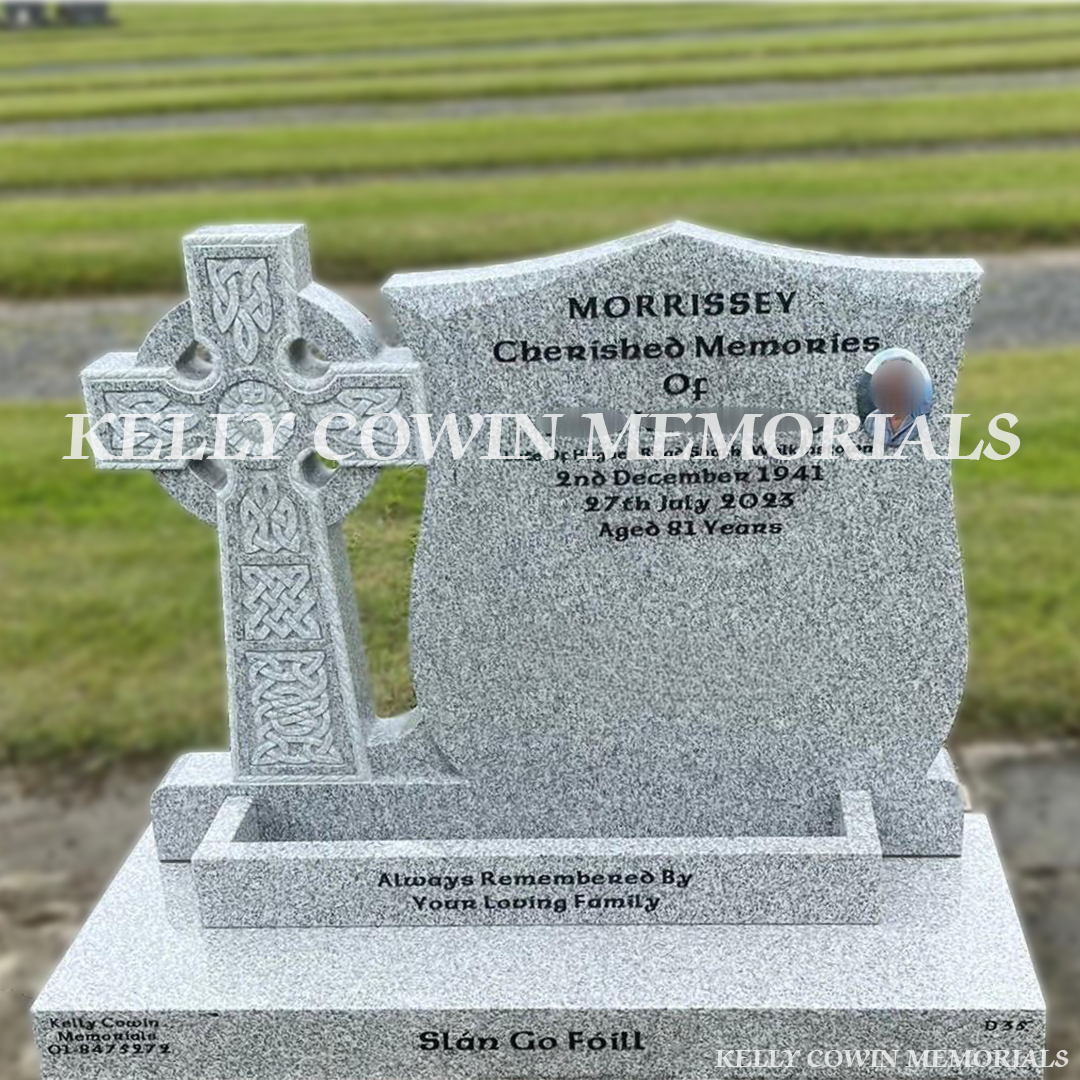 Front view of grey granite Celtic Cross headstone with black inscription in Newlands Cross Cemetery