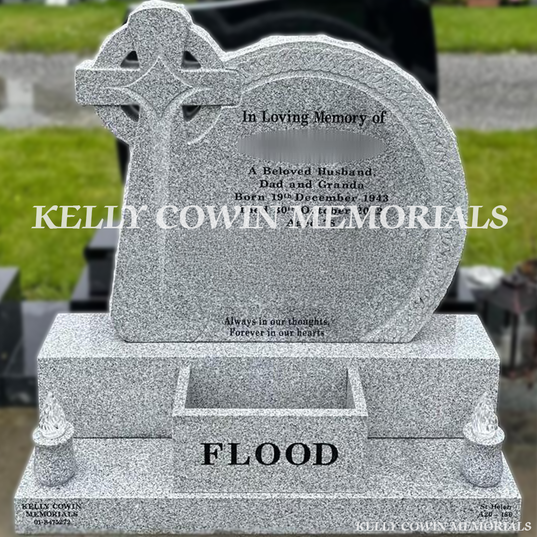 Front view of grey granite Celtic cross headstone with black inscription in Shanganagh Cemetery