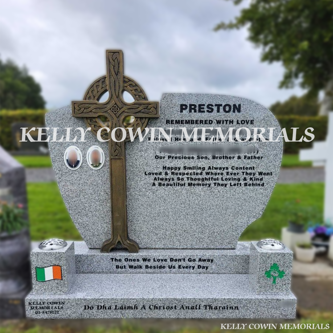 Front view of grey granite headstone with bronze Celtic cross and black inscription in Newlands Cross Cemetery Dublin
