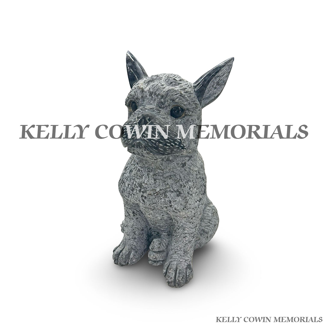 Side view of natural finish grey granite French Bulldog ornament