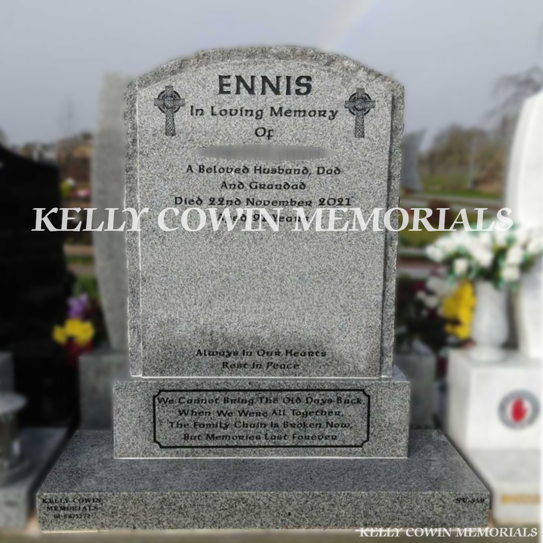 Front view of Grey Granite rough edge boulder headstone erected in Balgriffin Cemetery Dublin by Kelly Cowin Memorials