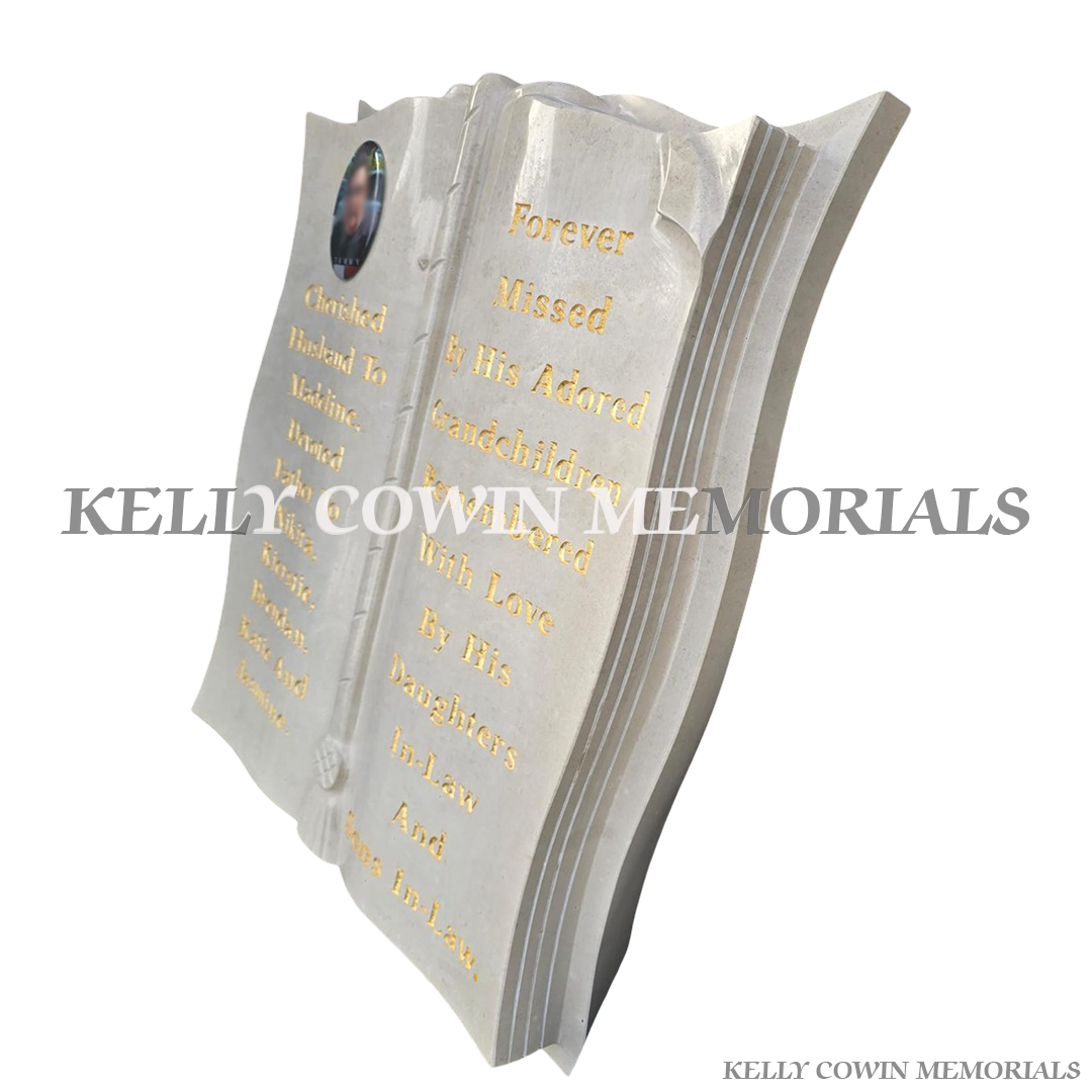 Side View Haley Beige granite book memorial with photo and gold lettering for graves and headstones handcrafted in Dublin with nationwide delivery across Ireland