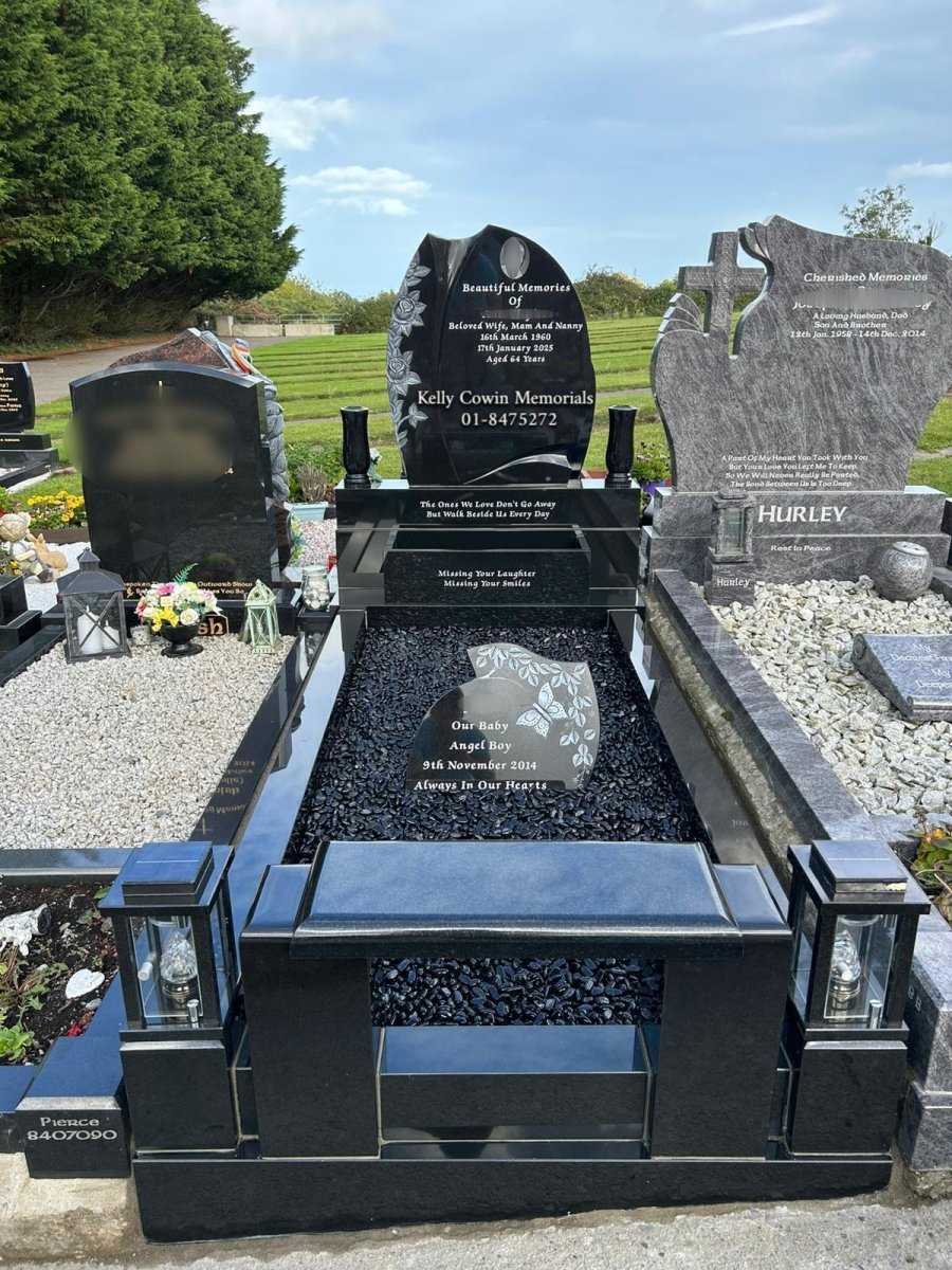 Black Granite Rose Carved Headstone & Kerbing| Ardla Cemetery - Kelly Cowin Memorials