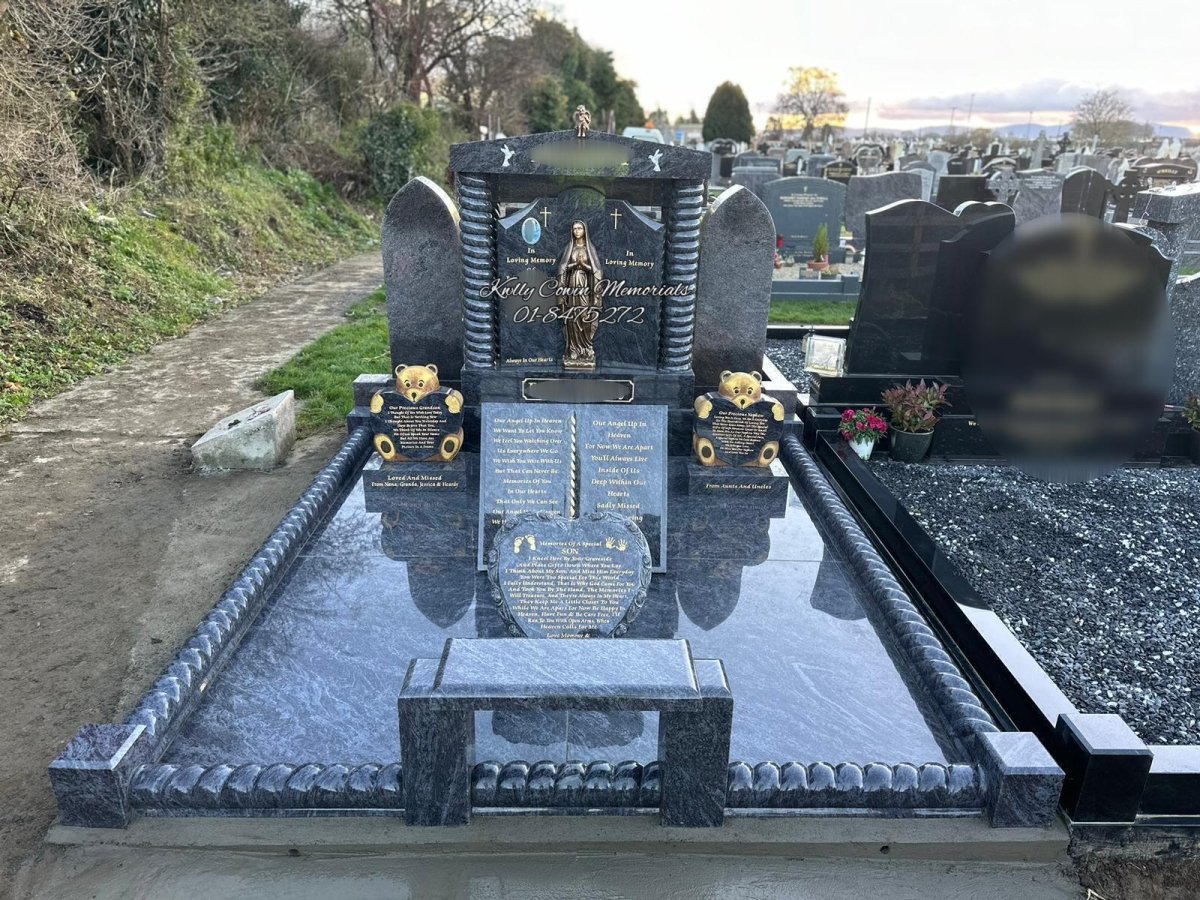 Blue Lagoon Granite "Gates To Heaven" Headstone & Kerbing | Cashel Cemetery, Co. Tipperary - Kelly Cowin Memorials