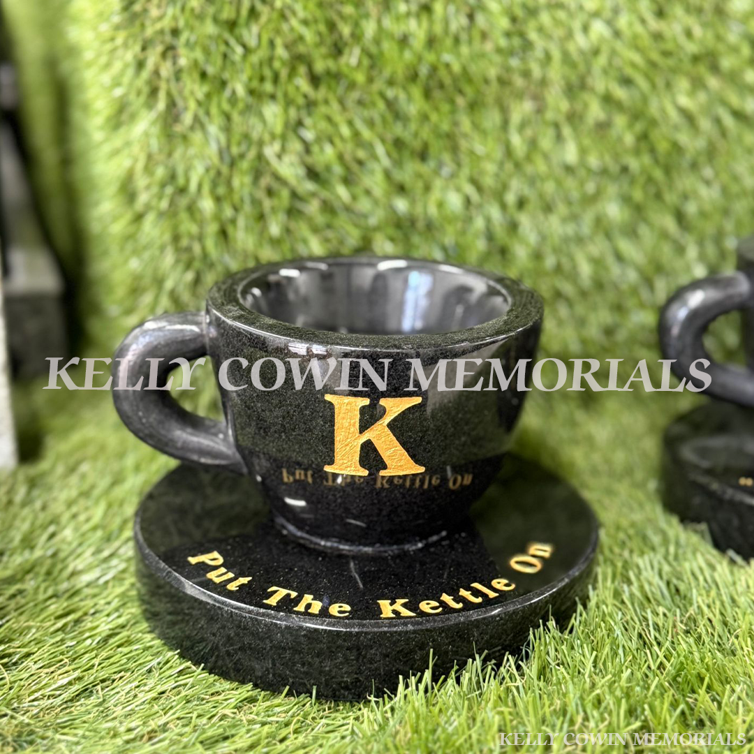 Black granite cup of tea grave accessory with personalised engraving for memorials in Dublin and nationwide Ireland