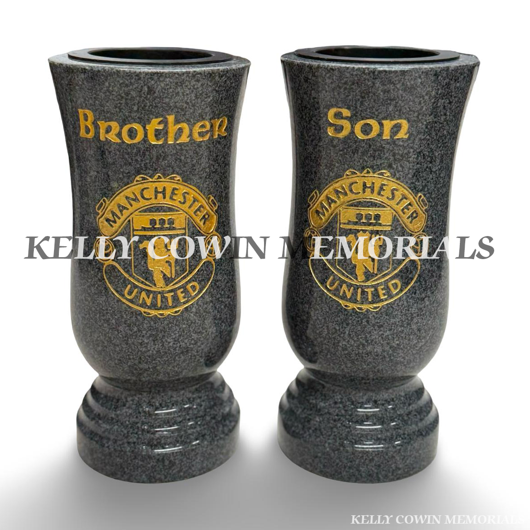 Pair of large polished granite memorial flower vases with personalised gold inscriptions and custom football crest engraving.