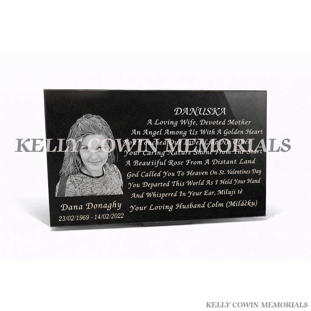 Black granite rectangle memorial plaque with laser etched portrait and personalised inscription, available locally and nationwide in Ireland