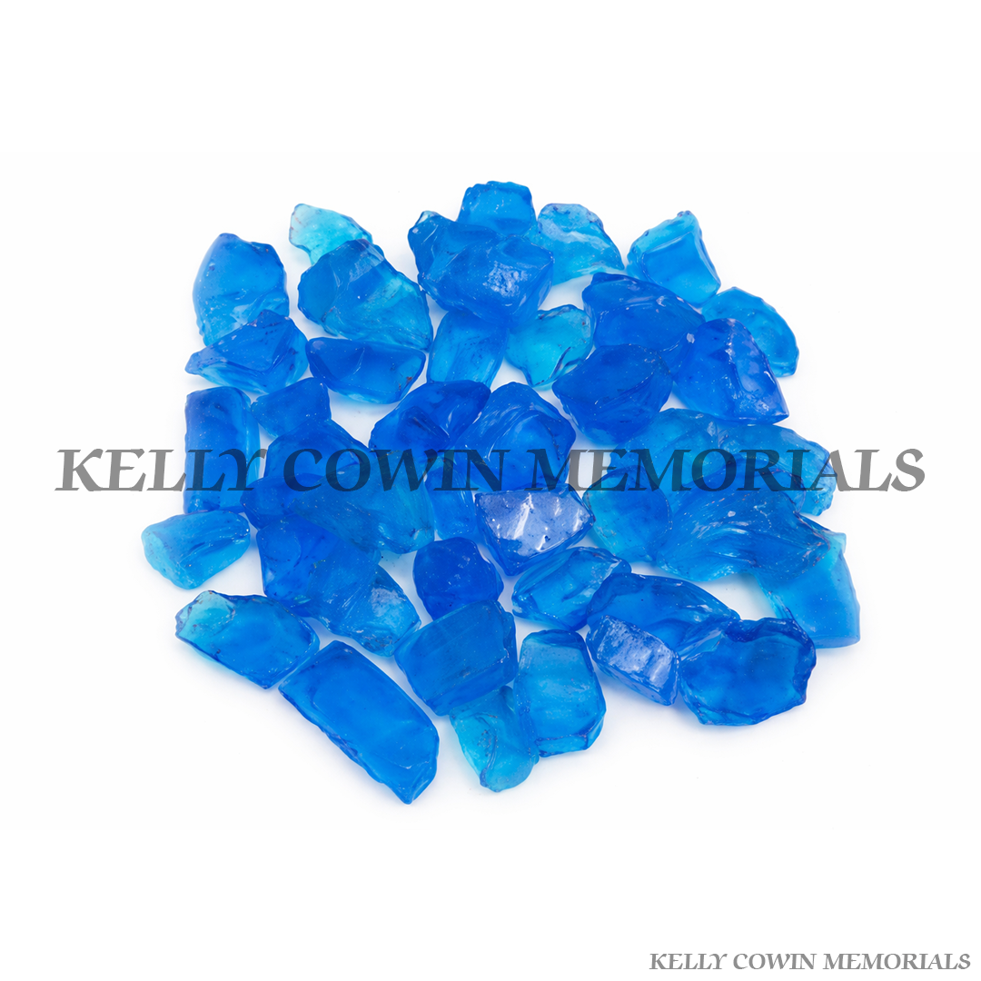 Blue glass grave chippings supplied in Dublin by Kelly Cowin Memorials with nationwide delivery across Ireland.