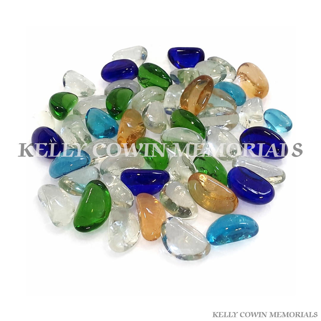 Mixed coloured glass pebbles for grave decoration and memorial displays available for delivery across Ireland
