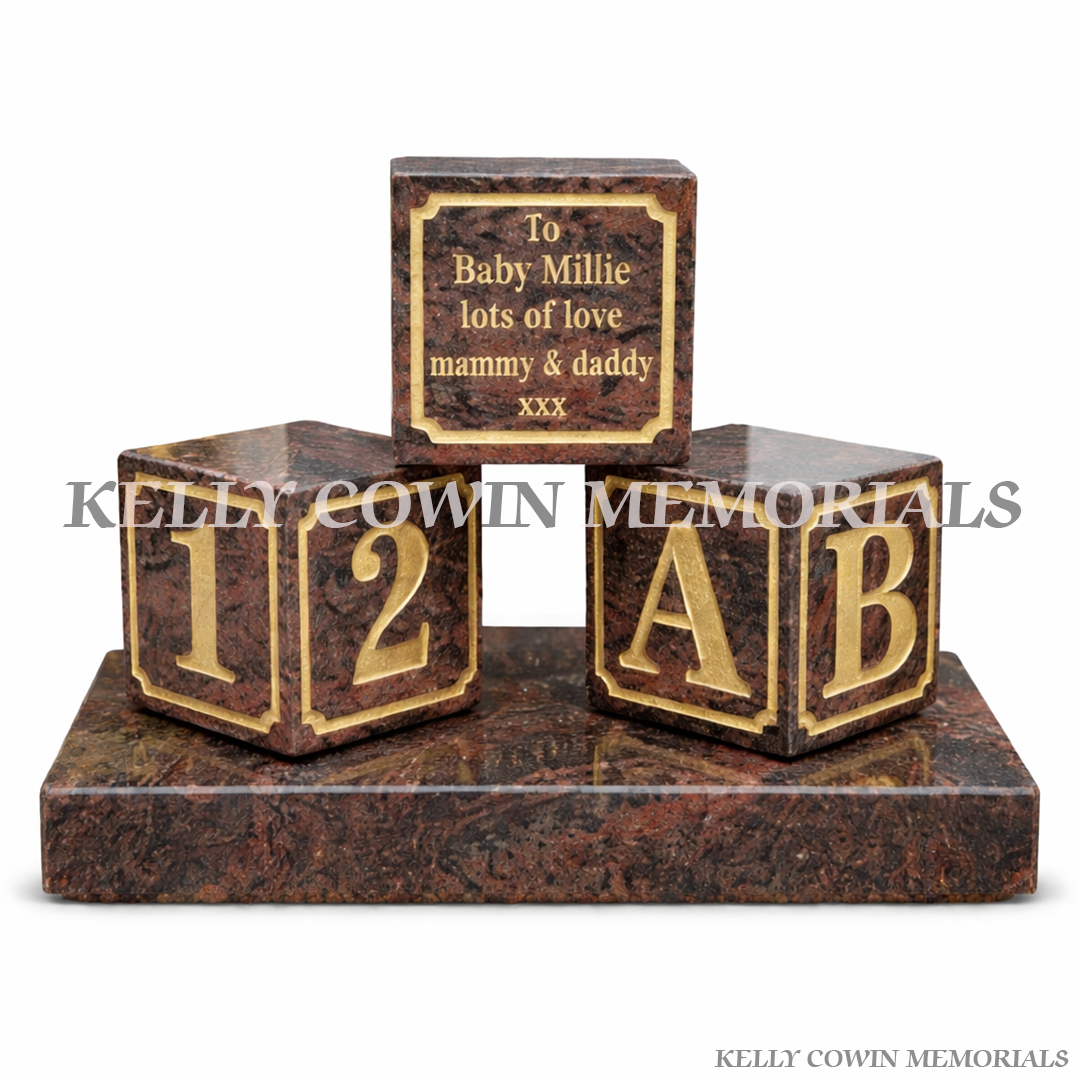 Pandora granite baby blocks grave accessory with personalised engraved letters and wording for infant memorial in Ireland