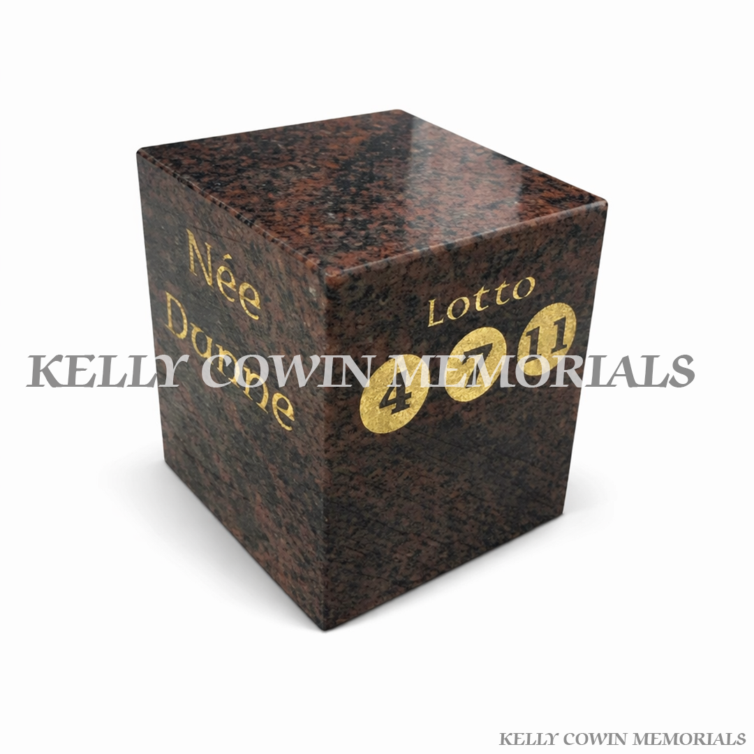 Pandora granite bingo block memorial grave accessory with custom engraved name and number design on polished granite cube