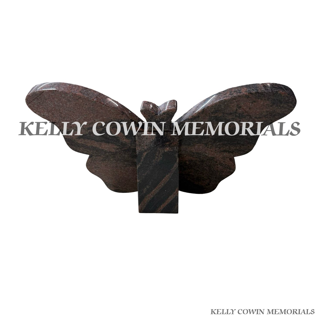 Pandora butterfly granite memorial plaque with gold lettering and photo insert by Kelly Cowin Memorials Ireland – personalised memorial plaque local and nationwide service