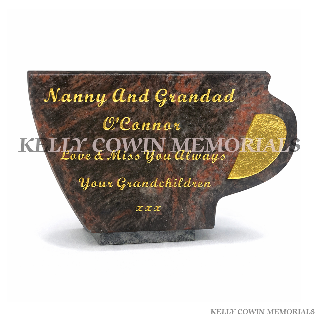 Pandora granite cup of tea shaped personalised memorial plaque by Kelly Cowin Memorials Ireland