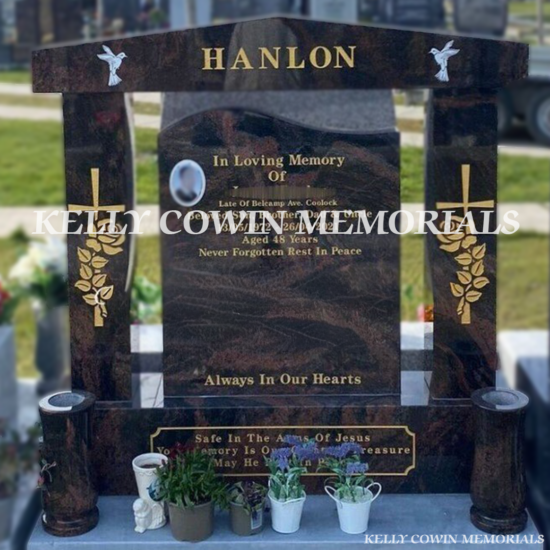Front view of custom Pandora granite headstone with gold inscription and oval ceramic photograph in Dardistown Cemetery Dublin
