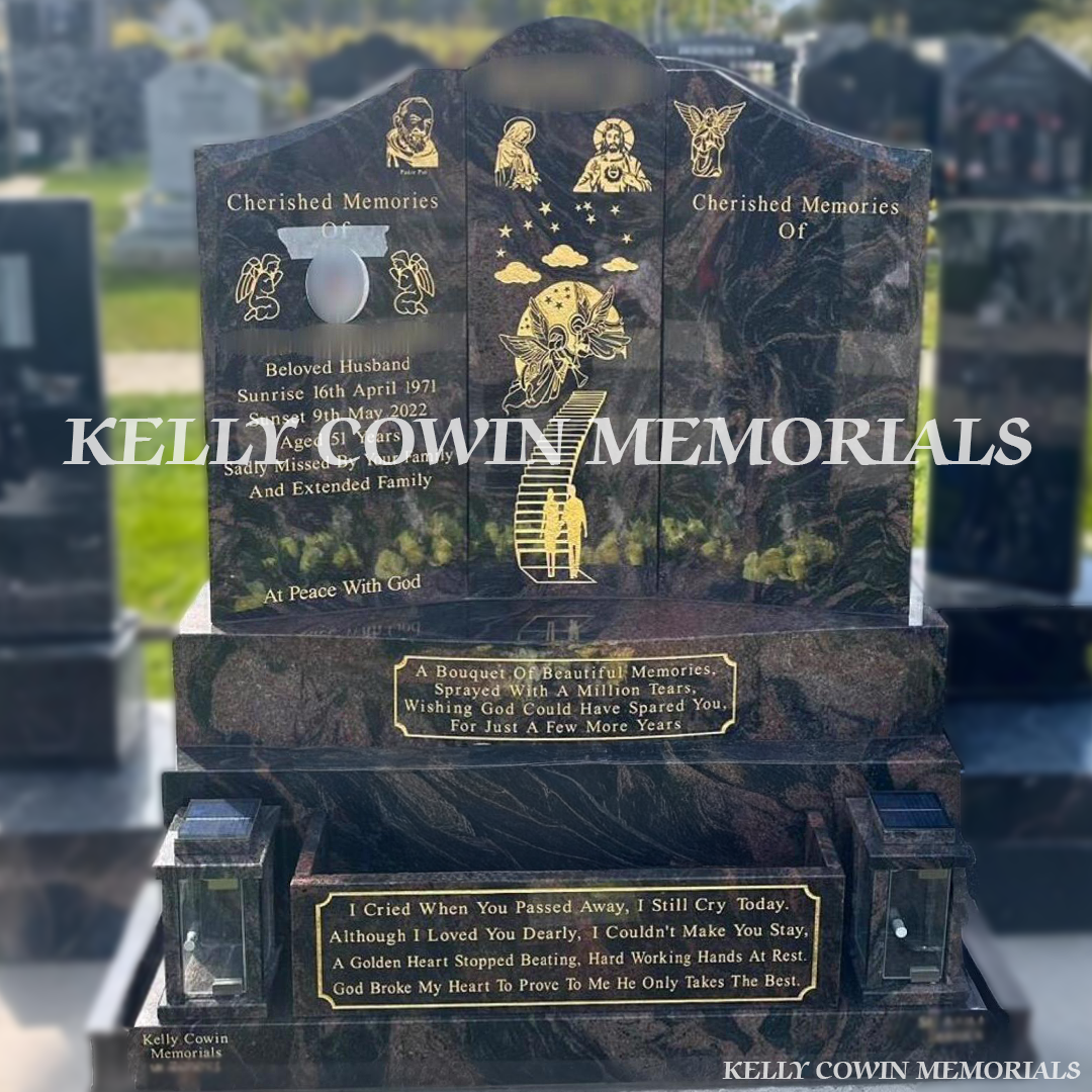 Front view of Pandora Granite Gates of Heaven headstone on base and plinth with lanterns in Balgriffin Cemetery Dublin