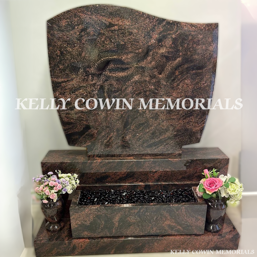 Front view of Pandora granite C1 headstone on sub-base, base and plinth – showroom stock example