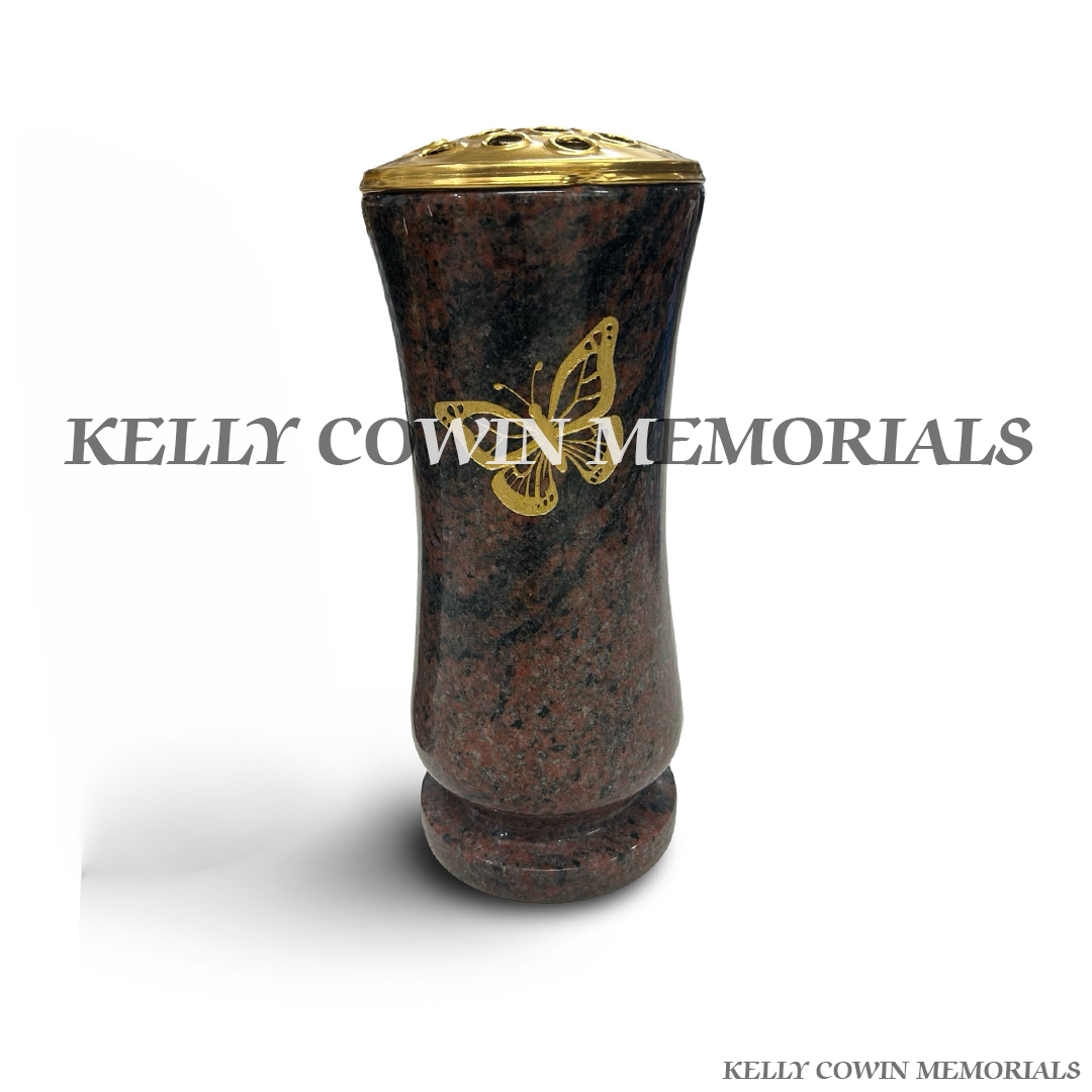 Front view of Pandora granite tall vase with gold butterfly engraving and gold lid
