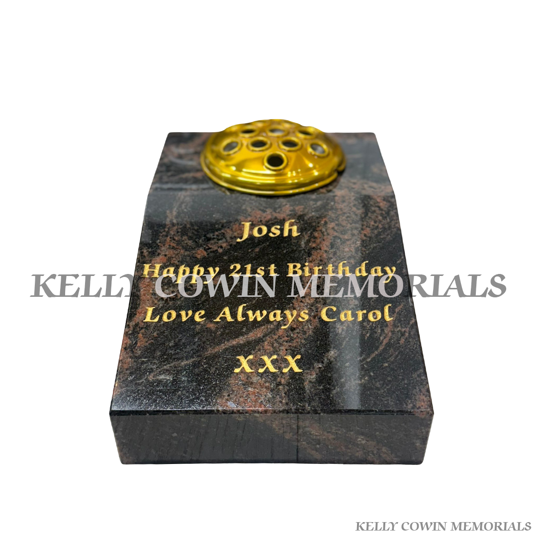 Pandora granite sloped vase grave accessory with gold engraving and flower holder for memorials in Dublin and nationwide Ireland front view