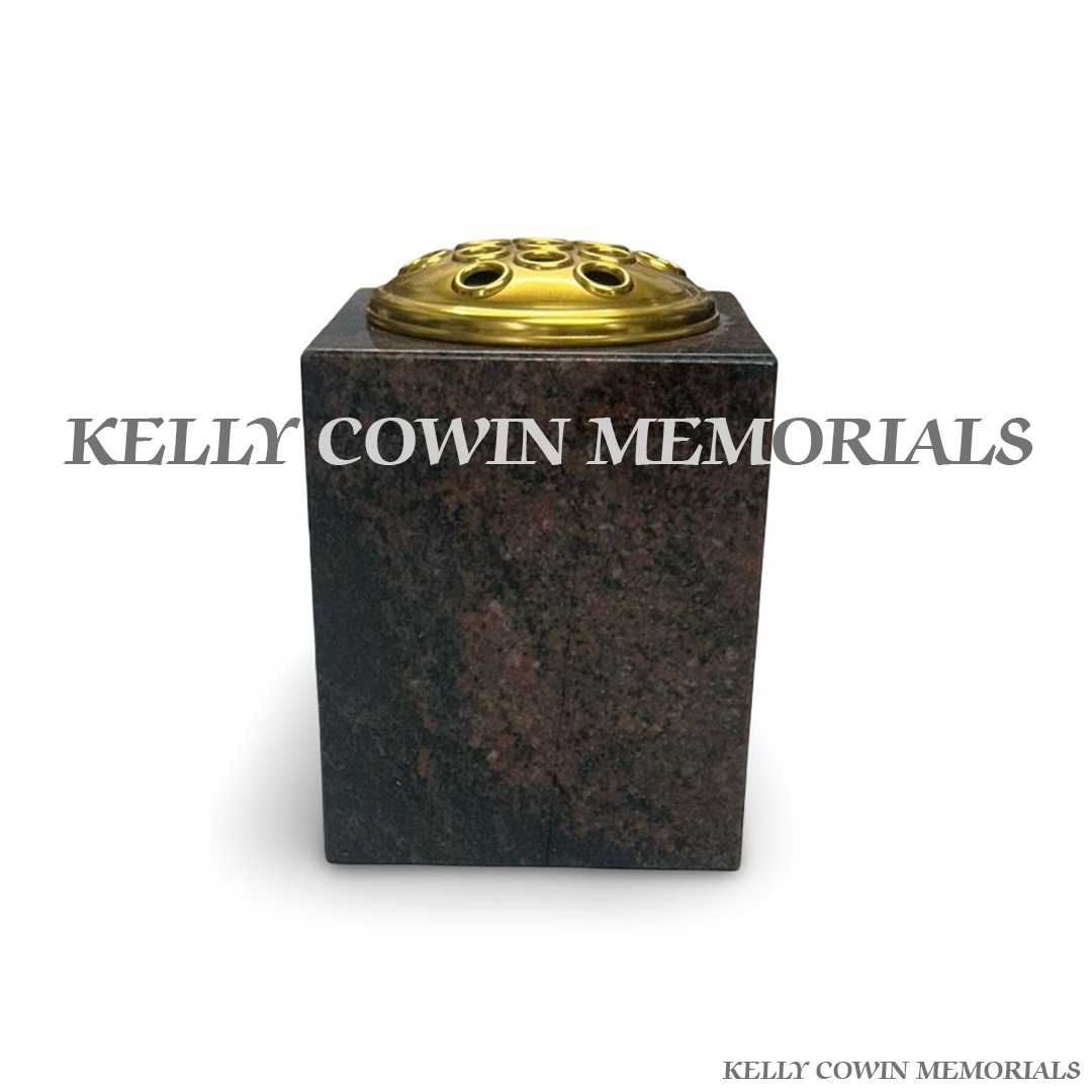 Back view of Pandora granite square vase with gold lid and gold inscription