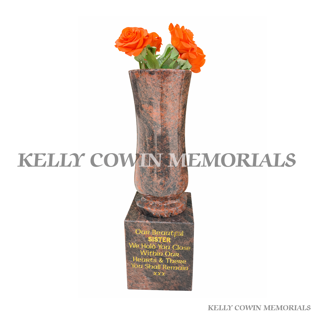 Pandora tall granite memorial vase with matching block base and inscription – graveside flower holder available locally and nationwide in Ireland.