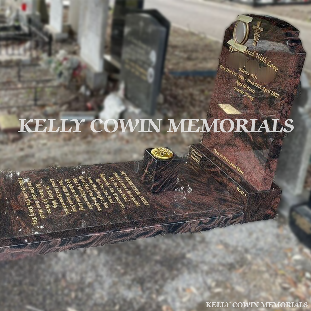Side view of Pandora Top Nine memorial showing kerbing, slab, bench and accessories in Glasnevin Cemetery