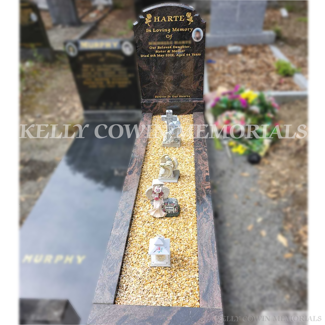 Pandora Top Nine headstone with granite kerbing and chippings in Glasnevin Cemetery by Kelly Cowin Memorials