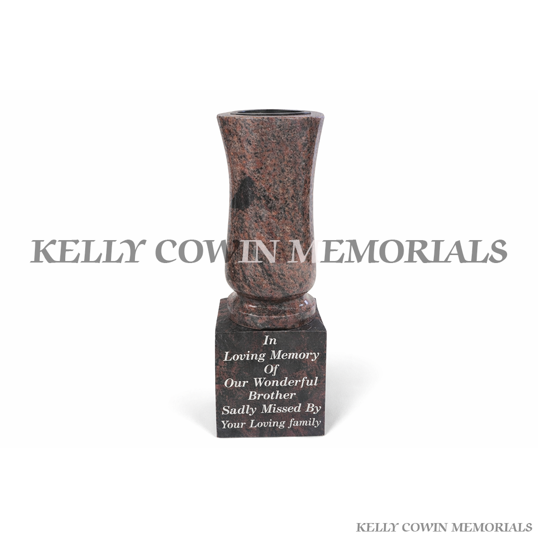 Pandora tall granite memorial vase on block base with personalised engraved inscription by Kelly Cowin Memorials Ireland