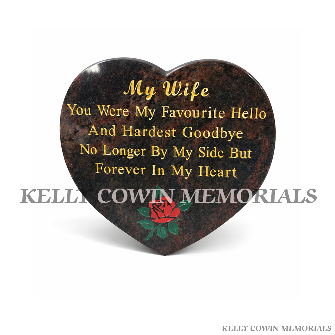 12 inch heart shaped Pandora granite memorial plaque with engraved inscription, available locally and nationwide in Ireland