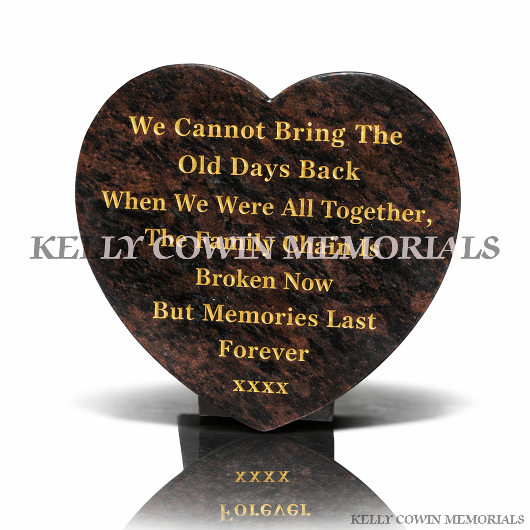 12 inch Pandora granite heart shaped memorial plaque with gold inscription by Kelly Cowin Memorials Ireland