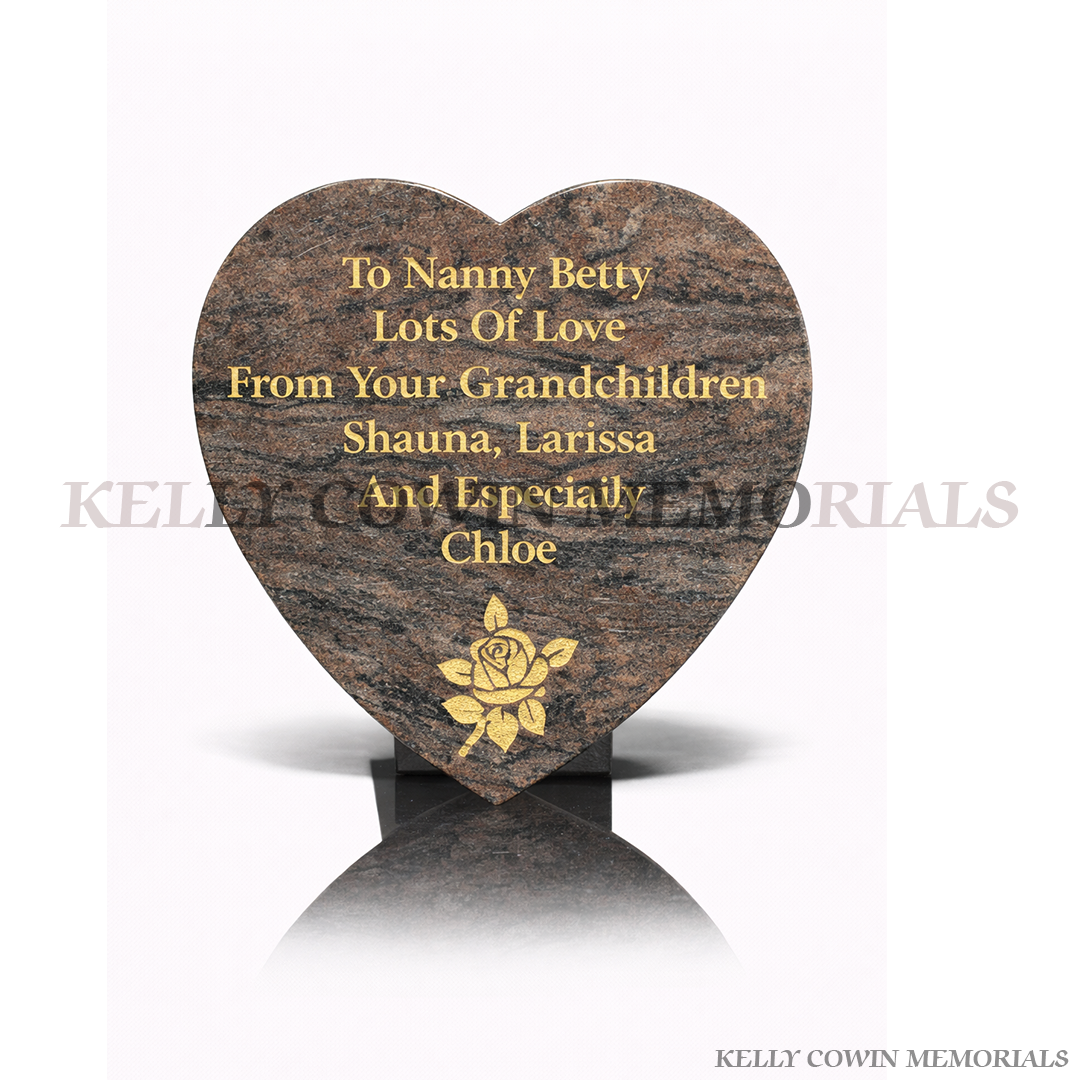 12 inch Paradiso granite heart shaped memorial plaque with engraved lettering by Kelly Cowin Memorials Ireland