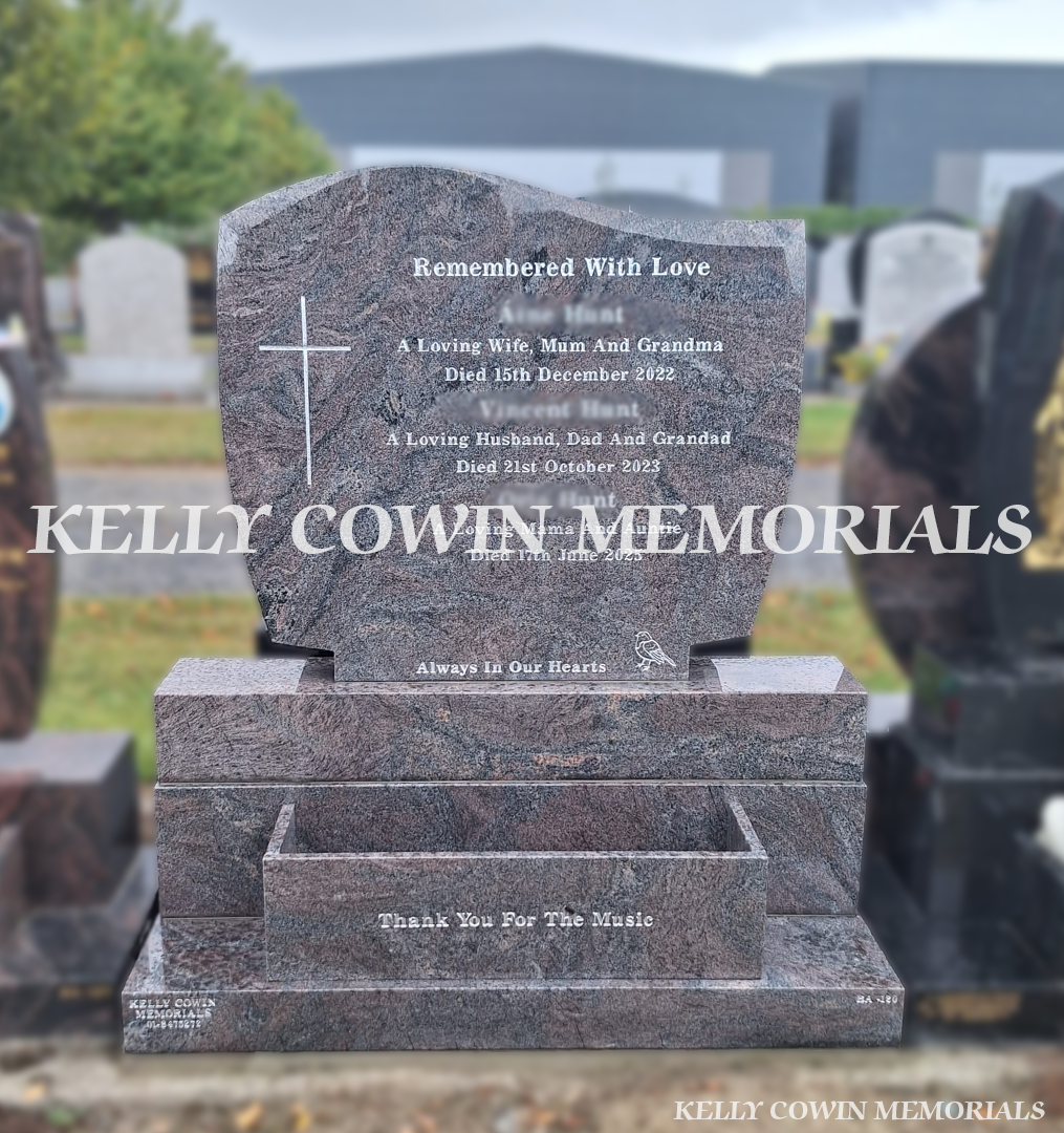 Paradiso granite C1 headstone with silver inscription, matching base, plinth and flowerbox erected in Dardistown Cemetery Dublin.