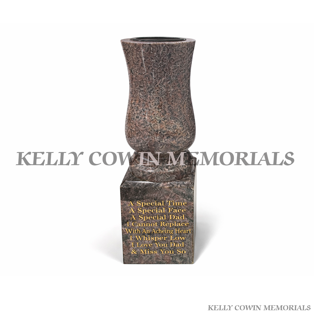 Paradiso tall granite memorial vase on block base with personalised engraved inscription – Kelly Cowin Memorials Ireland